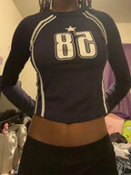 Dark Open Navel Message Printed Informal Long Sleeve Knit Top