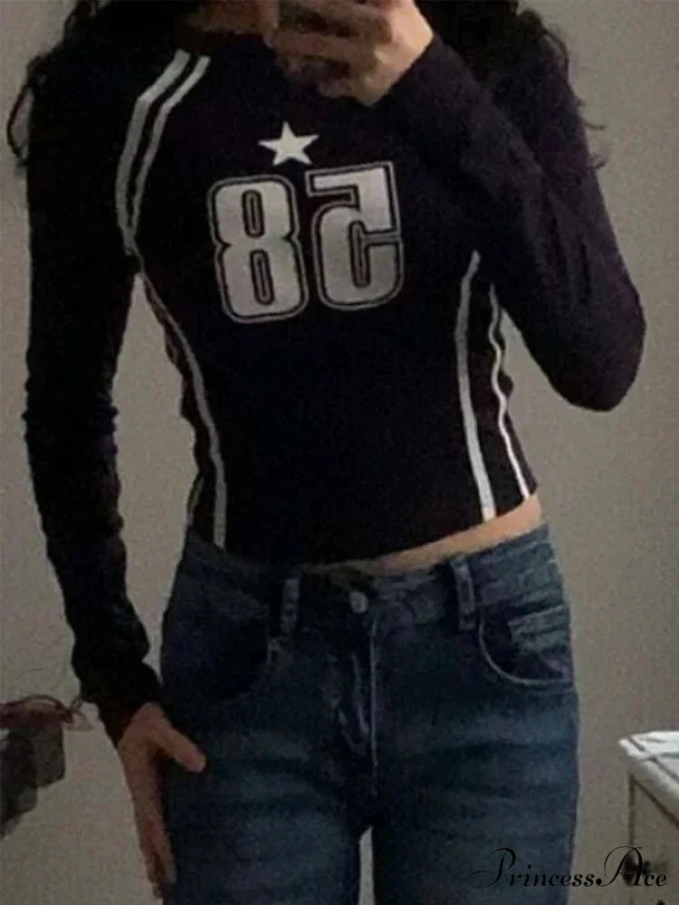 Dark Open Navel Message Printed Informal Long Sleeve Knit Top