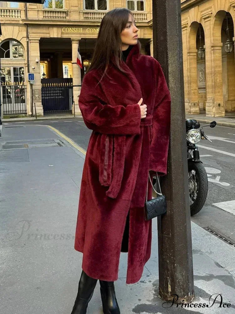 Dark Red Sheepskin Belted Coat