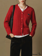 Dark Red Wool V-Neck Cable Cardigan