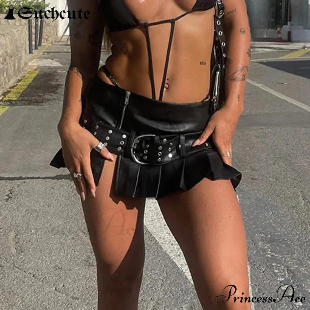 Dark Rivet Folded Leather Skirt