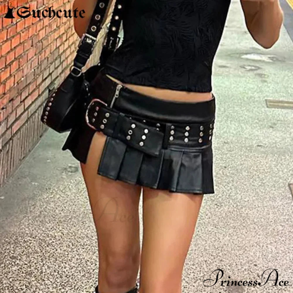 Dark Rivet Folded Leather Skirt