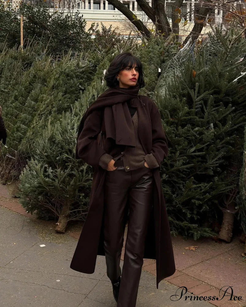 Dark Scarf Collar Woolen Lengthy Coat