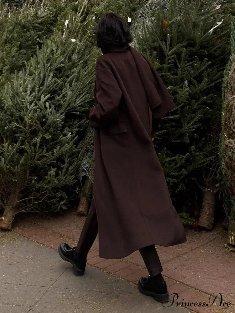 Dark Scarf Collar Woolen Lengthy Coat