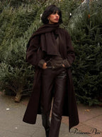 Dark Scarf Collar Woolen Lengthy Coat