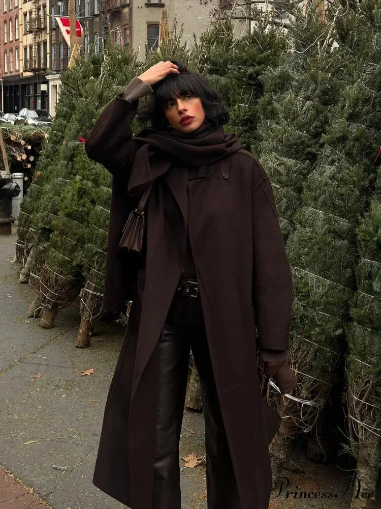 Dark Scarf Collar Woolen Lengthy Coat