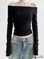 Dark Slash Neck Sophisticated Long Sleeve Slim Knit Top