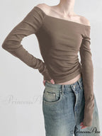 Dark Slash Neck Sophisticated Long Sleeve Slim Knit Top