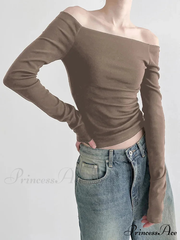 Dark Slash Neck Sophisticated Long Sleeve Slim Knit Top