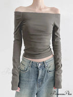 Dark Slash Neck Sophisticated Long Sleeve Slim Knit Top