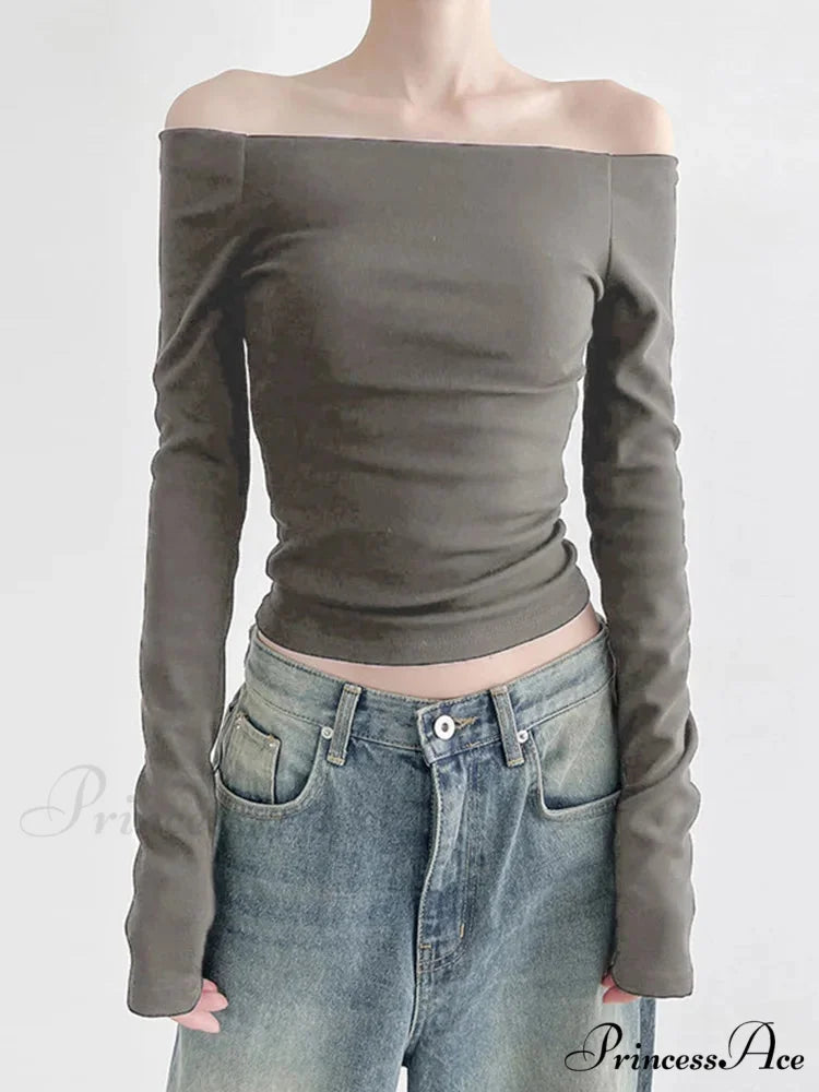Dark Slash Neck Sophisticated Long Sleeve Slim Knit Top
