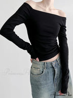 Dark Slash Neck Sophisticated Long Sleeve Slim Knit Top