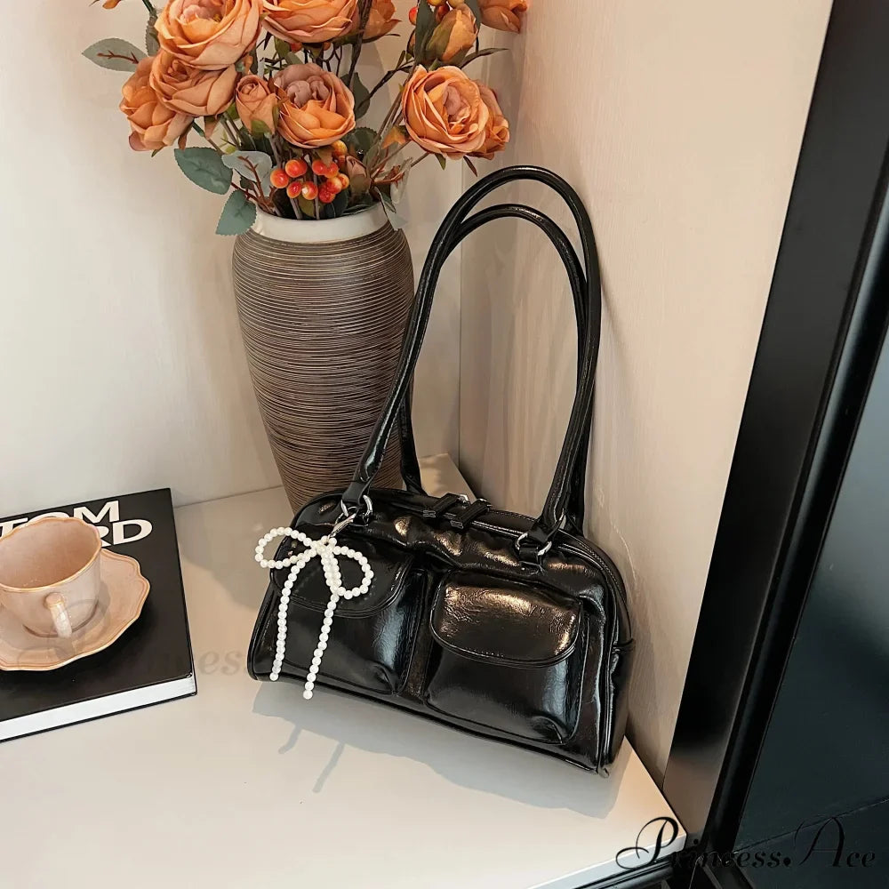 Dark Synthetic Leather Informal Shoulder Bag