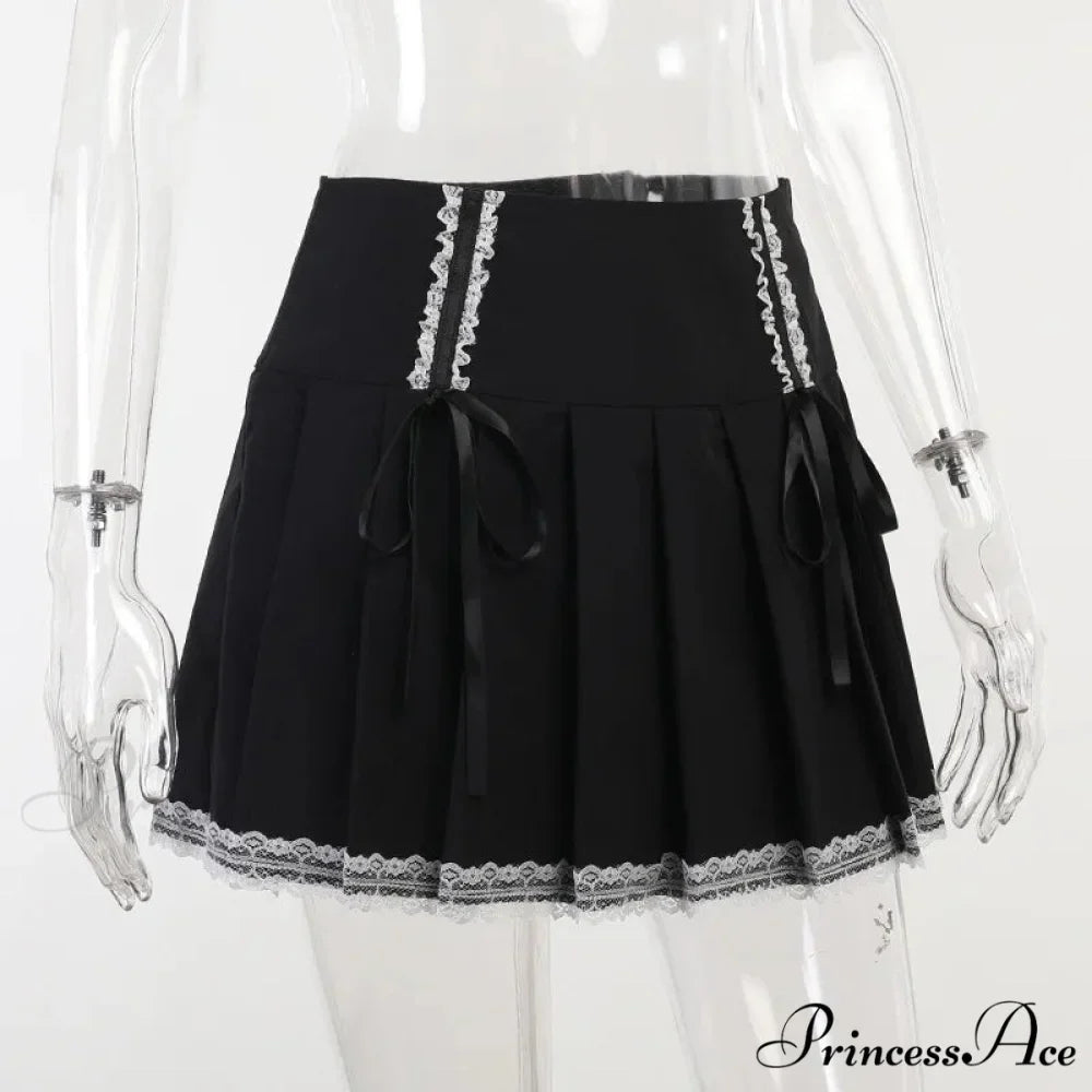 Dark Wind Bust Lolita Lace Contrast Gothic Harajuku Pleated Goth Black Korean Fashion Skirt