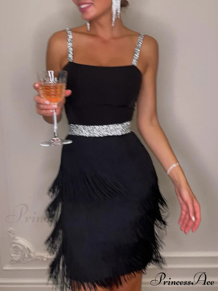 Date And Dinner Socialite Graceful Style Suspender Fringe Mini Dress