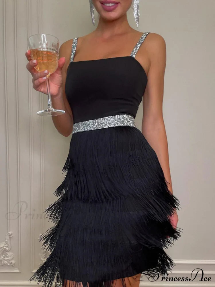 Date And Dinner Socialite Graceful Style Suspender Fringe Mini Dress