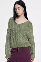 V-Neck Long Sleeve Cable Knit Sweater