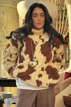 Cow Print Cable Knit Turtleneck Sweater