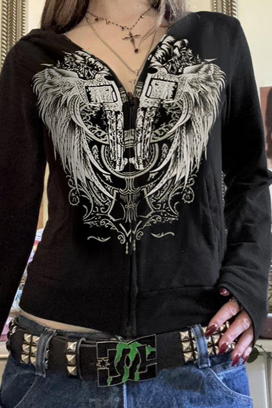 Wings Print Zip Up Y2K Hoodie