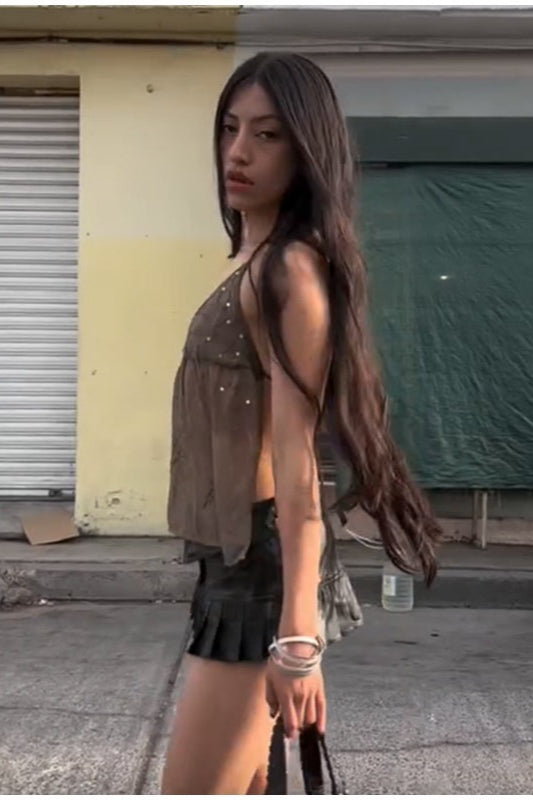 Embroidered Mesh Tank Top with Rhinestones