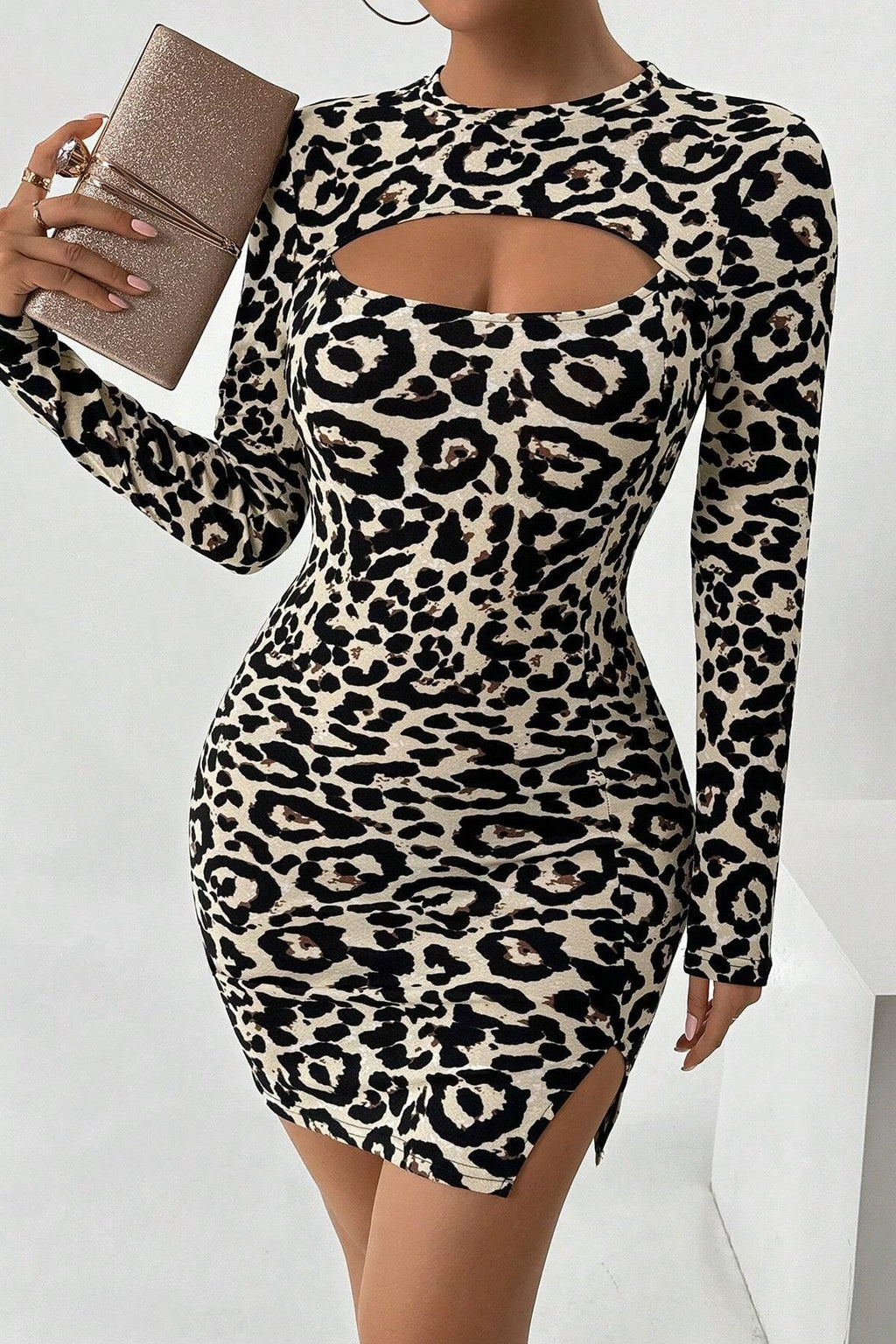 Leopard Print Cutout Long Sleeve Mini Dress