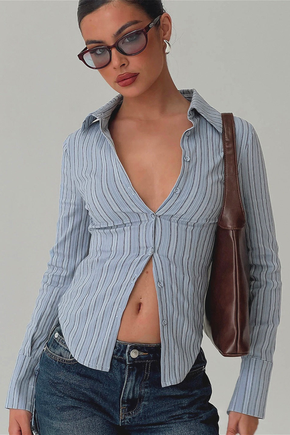 Vintage Striped Colorblock Waist Cinched Blouse