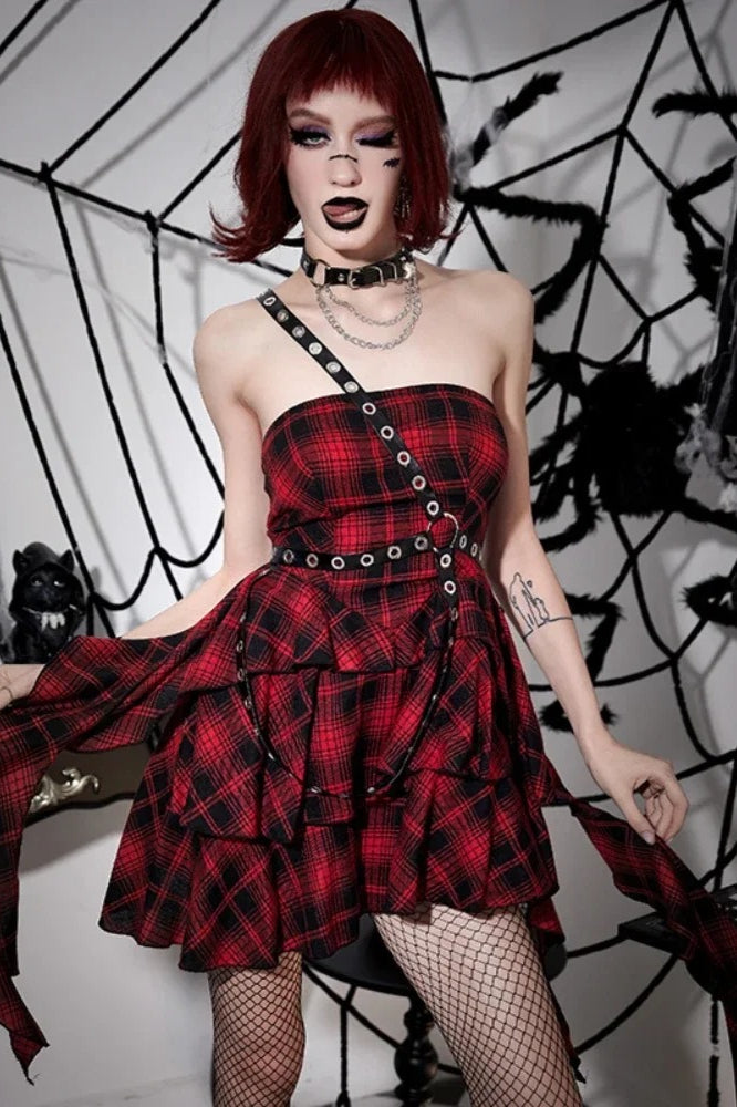 Halloween Sexy Red Black Plaid One Shoulder Dress