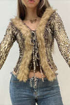 Leopard Fur Trim Mesh V-Neck Blouse
