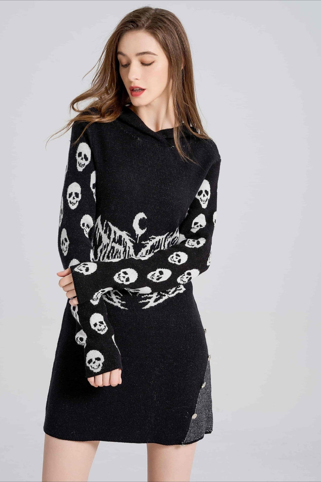 Gothic Skull Hooded Knit Sweater
