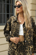 Fashionable Leopard Print Washed Denim Coat