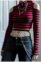 Striped Off Shoulder Zip Knit T-Shirt
