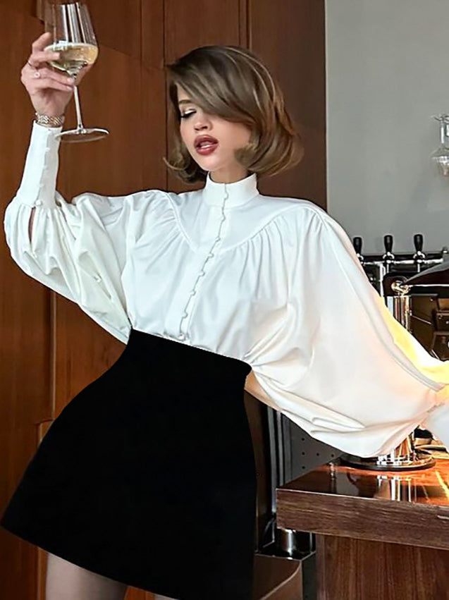 Puff Sleeve Stand Collar White Blouse