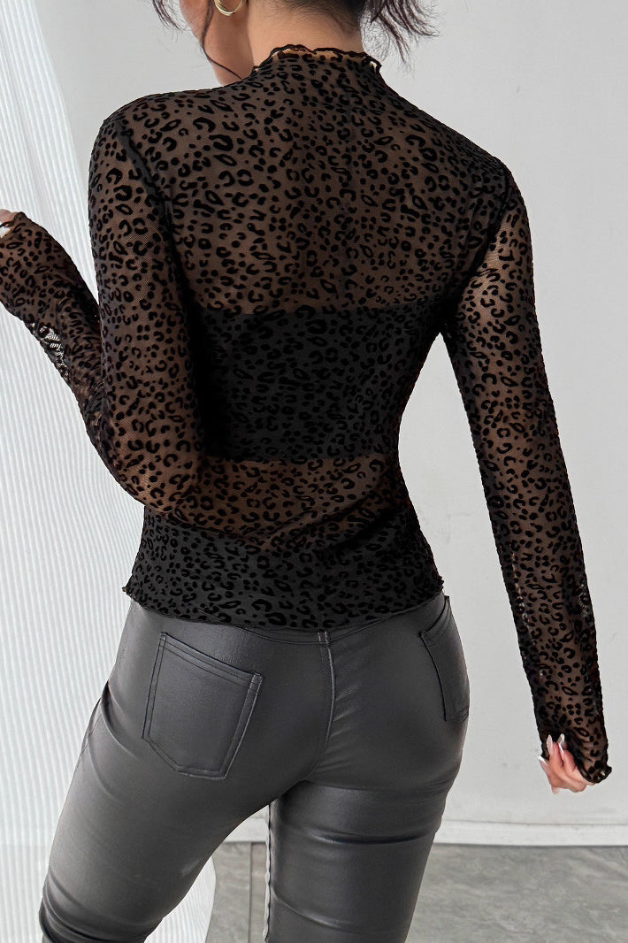 Ruffled Mesh Long Sleeve Knit Top