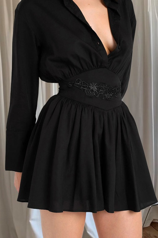 Embroidered Ruffle Waist Shirt Mini Dress