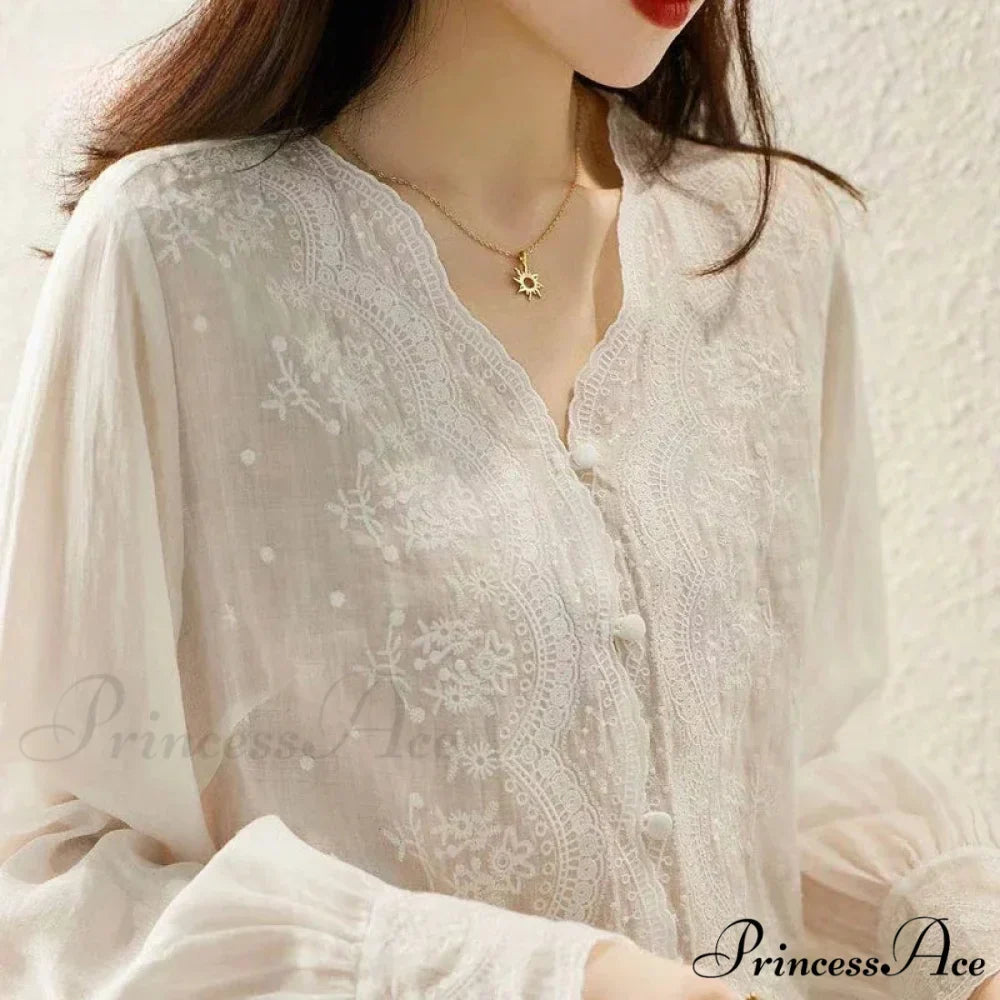 Decorated Lace Plunging Neckline Linen Top Fall Top