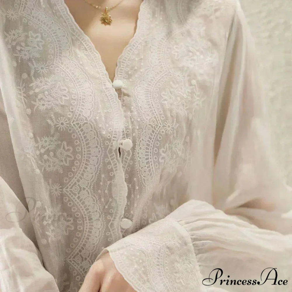 Decorated Lace Plunging Neckline Linen Top Fall Top
