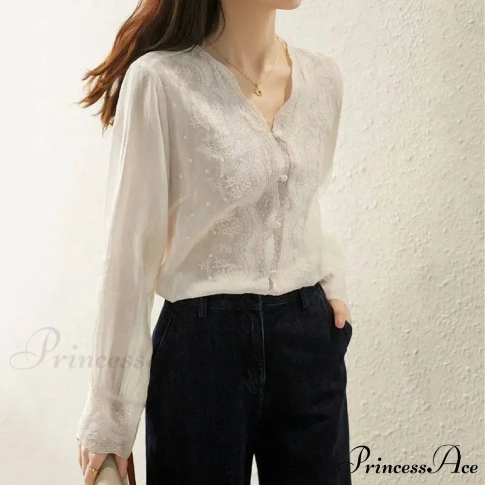 Decorated Lace Plunging Neckline Linen Top Fall Top