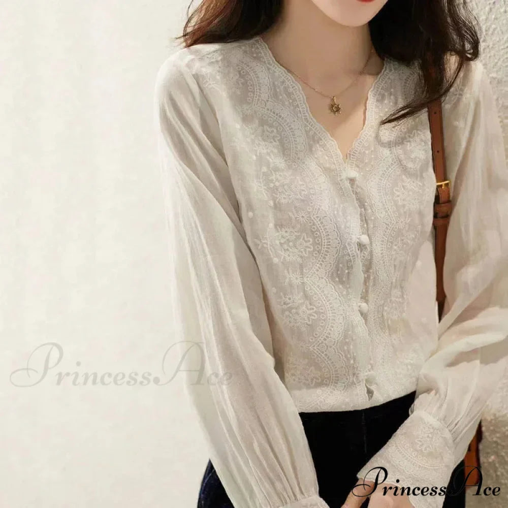 Decorated Lace Plunging Neckline Linen Top Fall Top