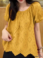 Decorated Puff Sleeve Informal Lace Patchwork Top