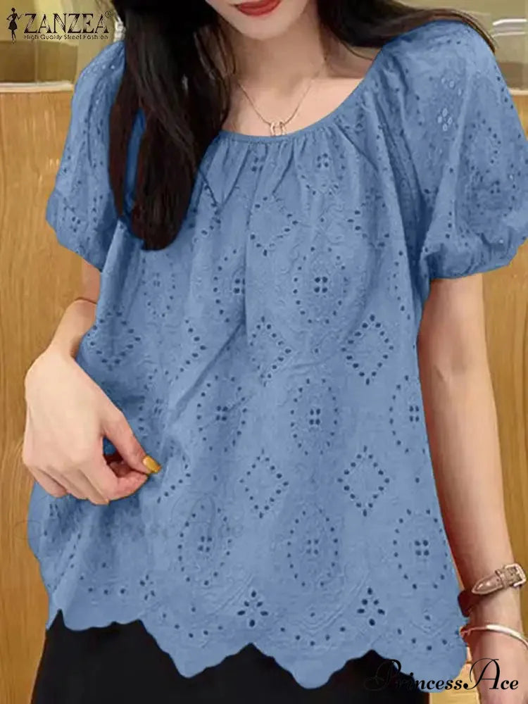 Decorated Puff Sleeve Informal Lace Patchwork Top