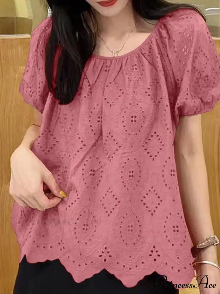 Decorated Puff Sleeve Informal Lace Patchwork Top