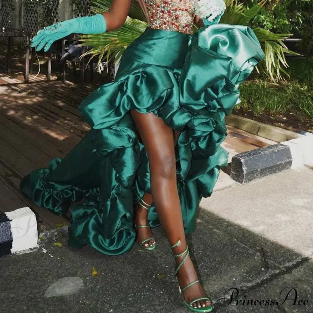 Deep Emerald High Low Skirt Frills Large Blooms Dressy Attire