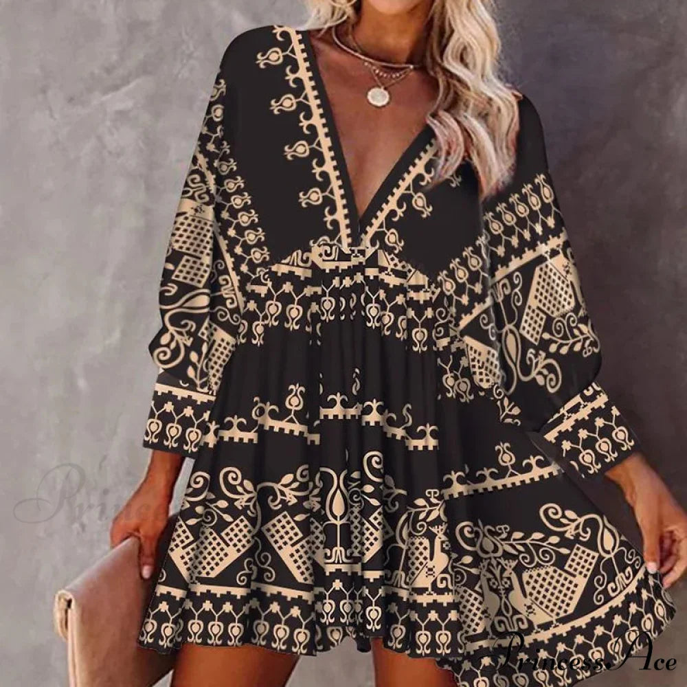 Deep-neck Baggy Lantern Sleeve Boho Mini Dress