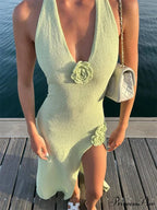 Deep Neck Blossom Knit Open-Backed Tall Waist Dress