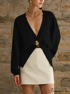 Deep-neck Button Trim Fit Cardigan