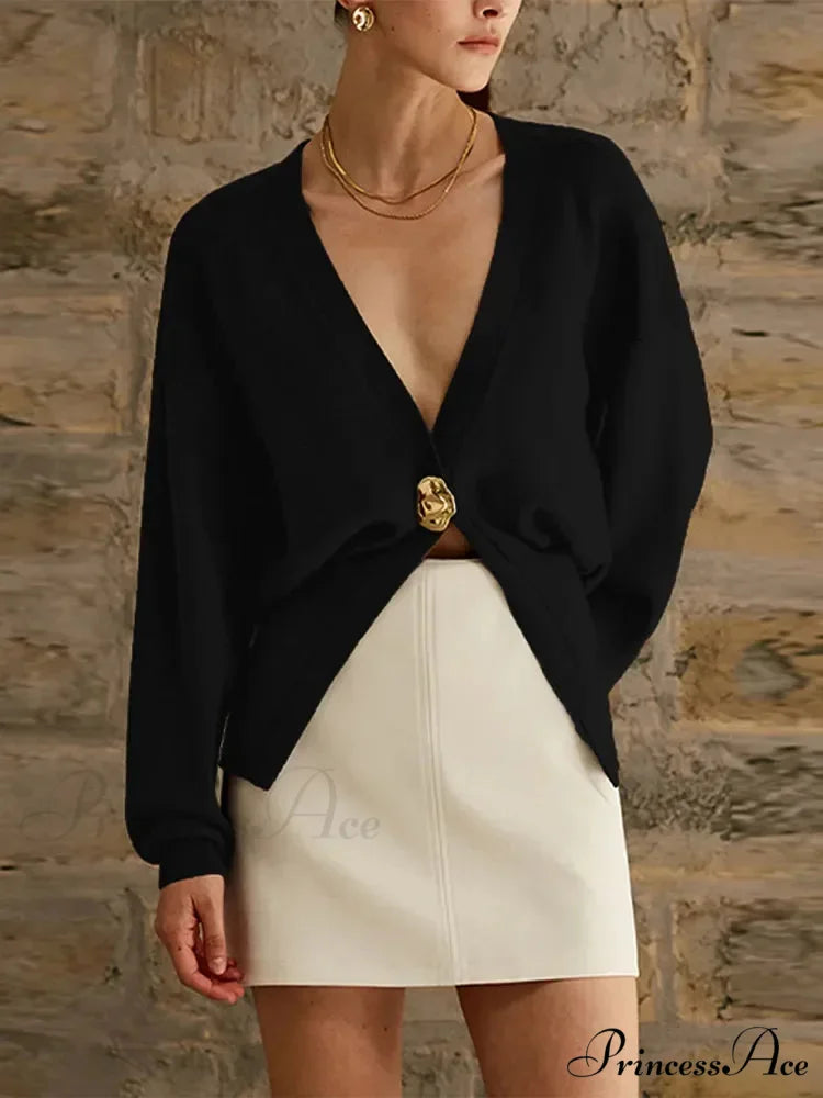 Deep-neck Button Trim Fit Cardigan