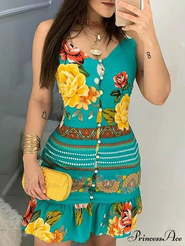 Deep-neck Buttoned Design Flower Print Dress