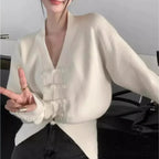 Deep-neck Clasp Lengthy Sleeve Cardigan