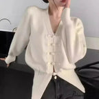 Deep-neck Clasp Lengthy Sleeve Cardigan