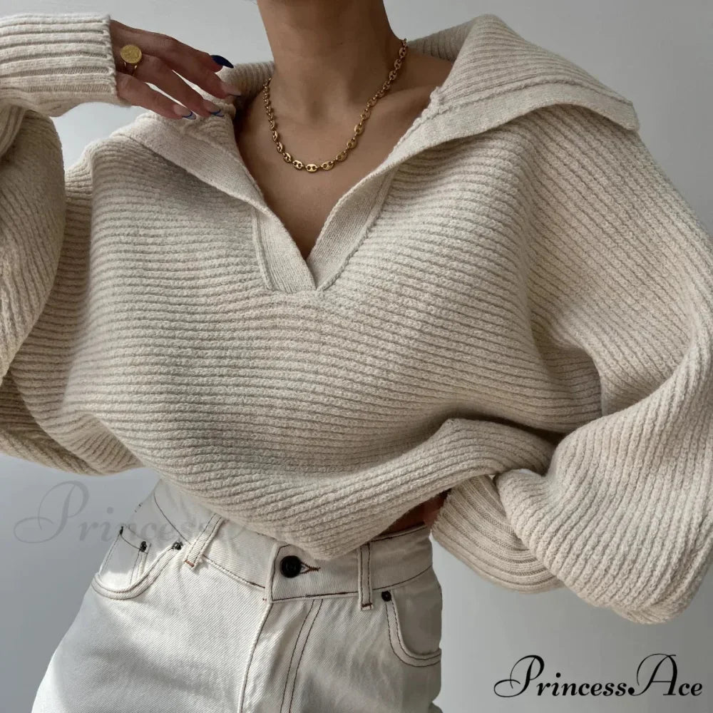 Deep-neck Cozy Ivory Jumper